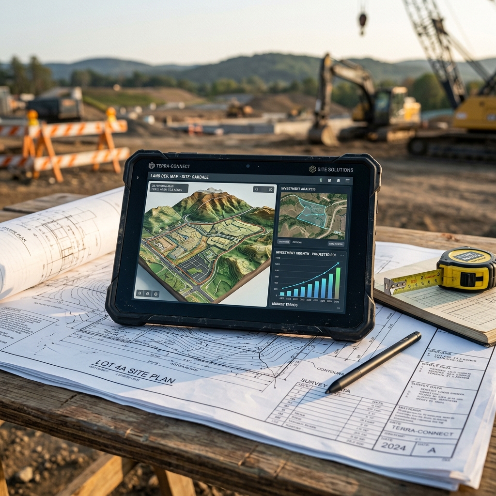 Tablet showing 3D topography and investment data on a site